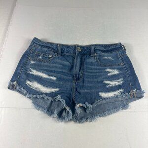 American Eagle Shorts Women 30* Tomgirl Blue Distressed Raw Hem Denim Jort Tag 4